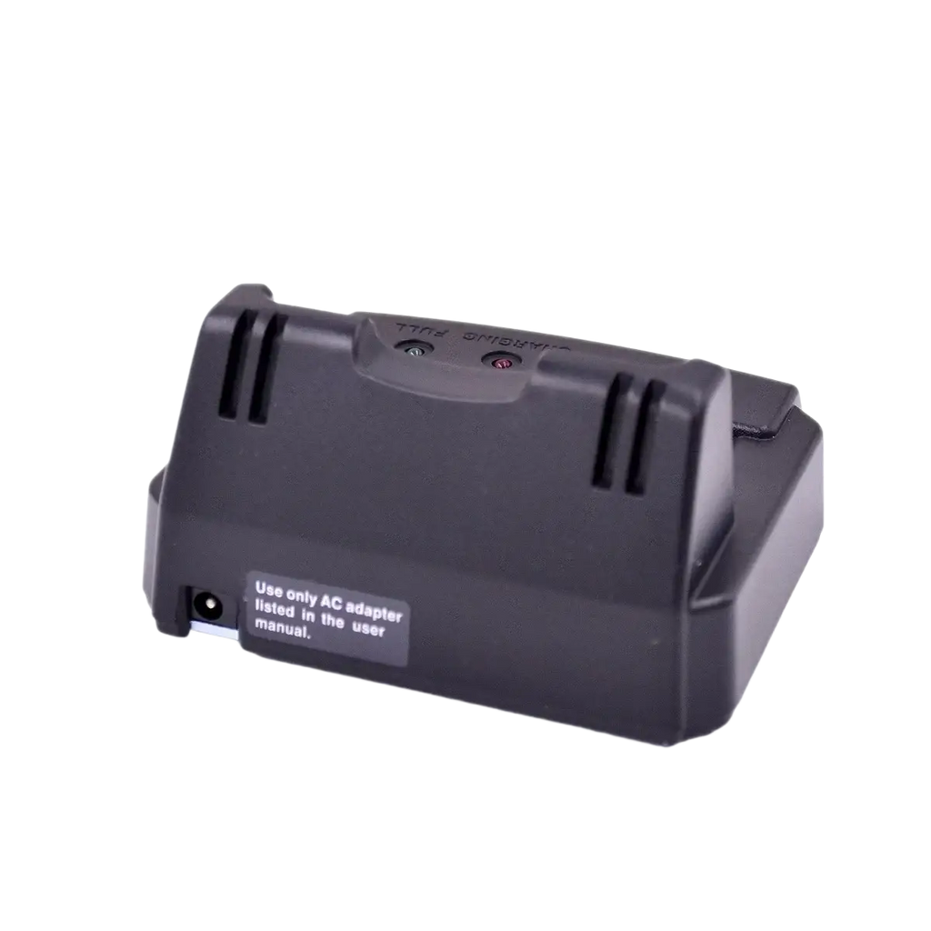 Black plastic original yaesu cd41 rapid charger tray with two red indicator lights and ac adapter warning label