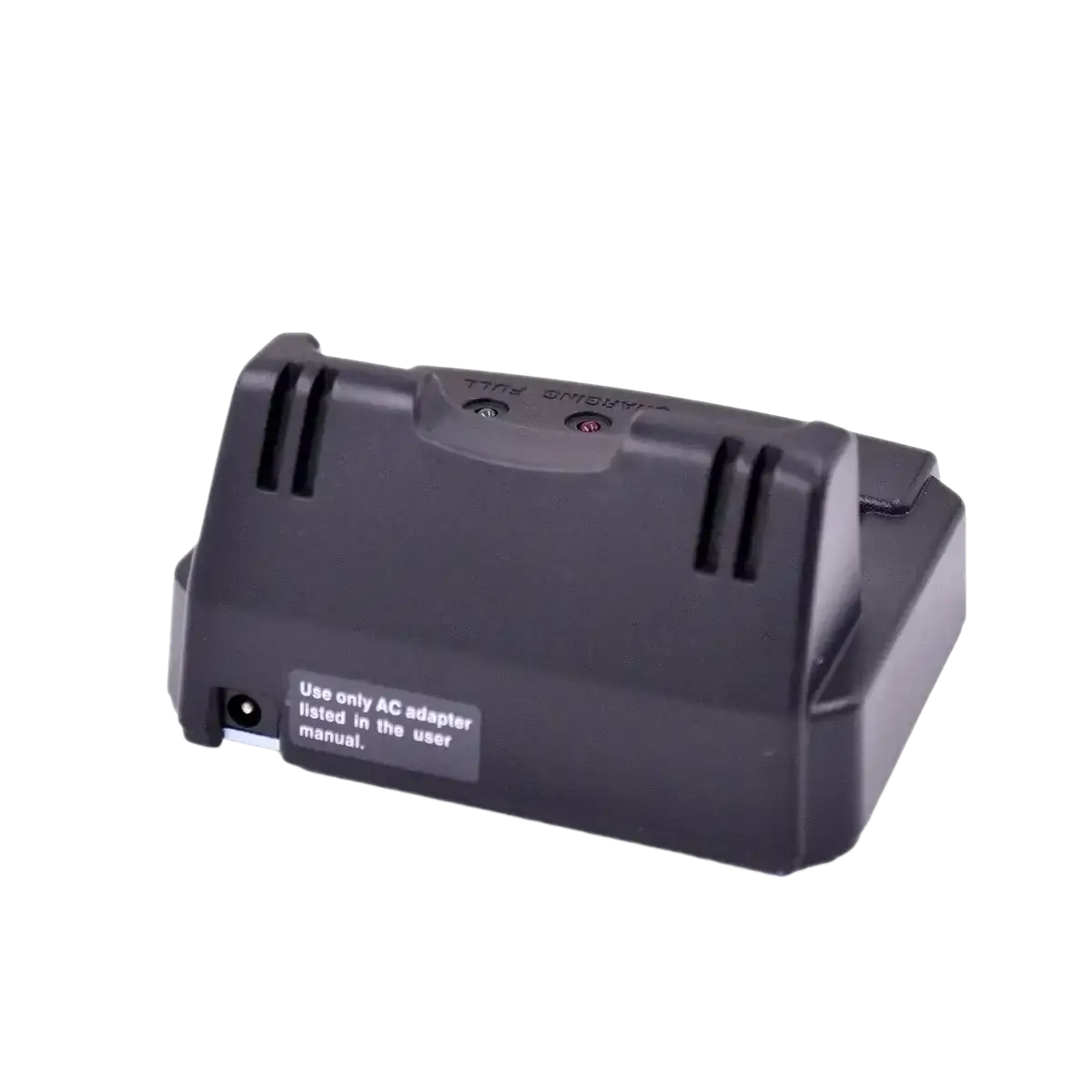 Black plastic original yaesu cd41 rapid charger with two red indicator lights and ac adapter warning label visible