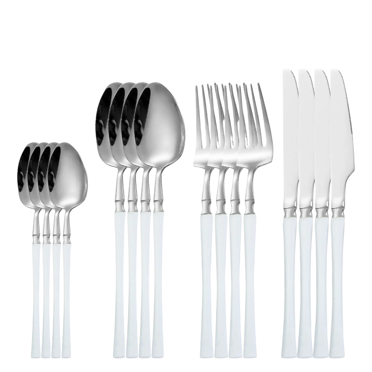 Ornate stainless steel flatware set featuring 16 pieces with white handles in a durable stainless steel finish