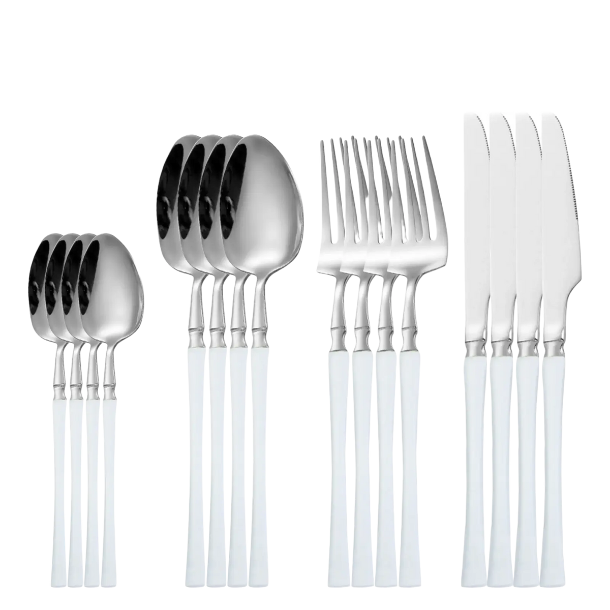 Ornate stainless steel flatware set 24-piece cutlery with white handles durable metal for elegant dining use