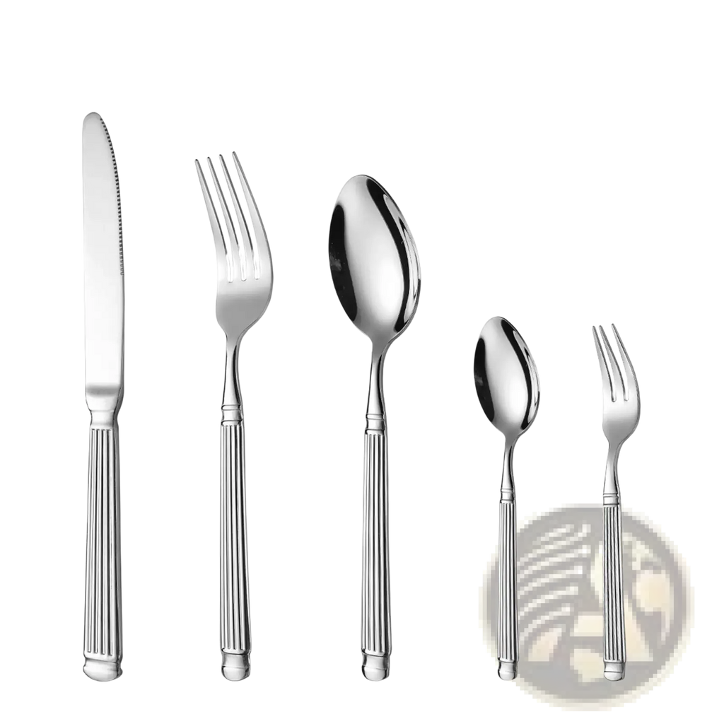 Ornate stainless steel flatware set with shiny stainless steel cutlery and fluted handles in an elegant design