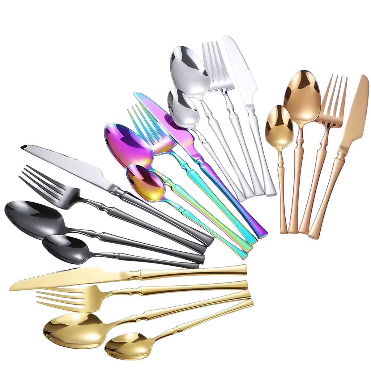 Ornate stainless steel flatware set featuring iridescent gold-toned and black finishes with ornate handles
