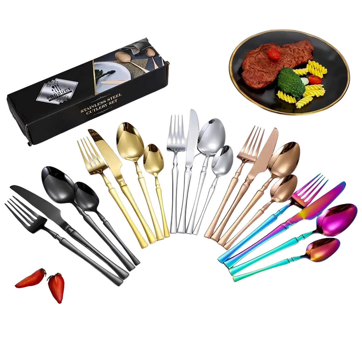 Ornate stainless steel flatware set featuring cutlery in black gold silver rose gold and iridescent rainbow finishes