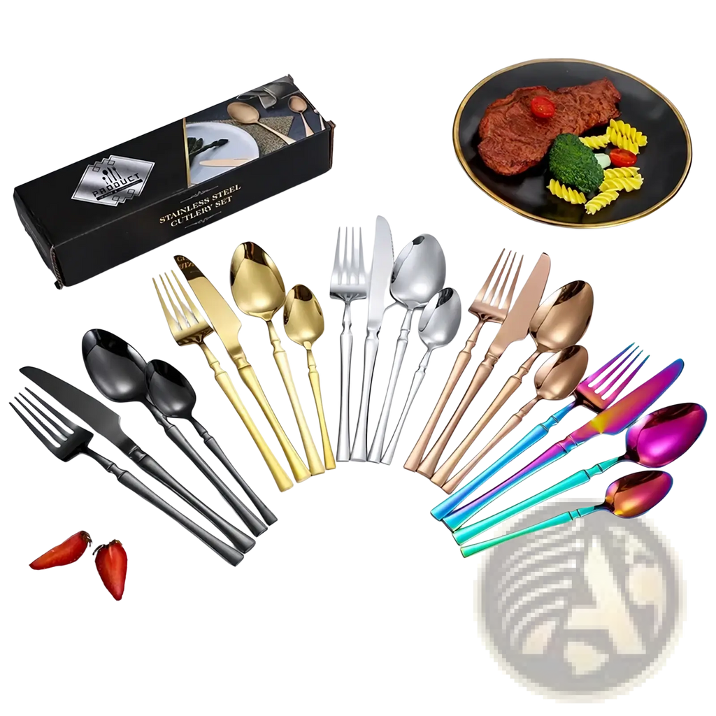 Ornate stainless steel flatware set featuring cutlery in black gold silver rose gold and iridescent rainbow finishes