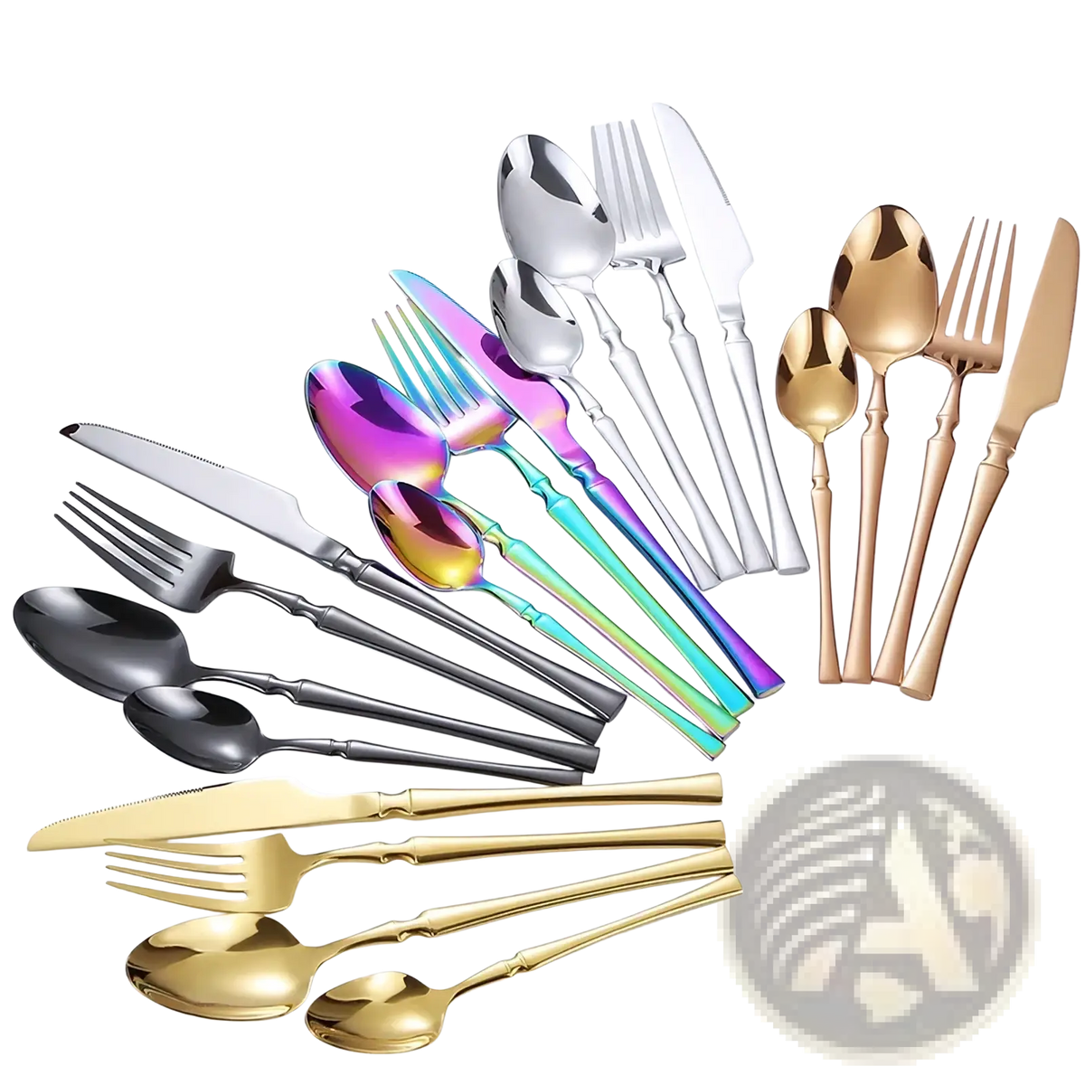 Ornate stainless steel flatware set featuring iridescent gold-toned and black finishes with ornate handles