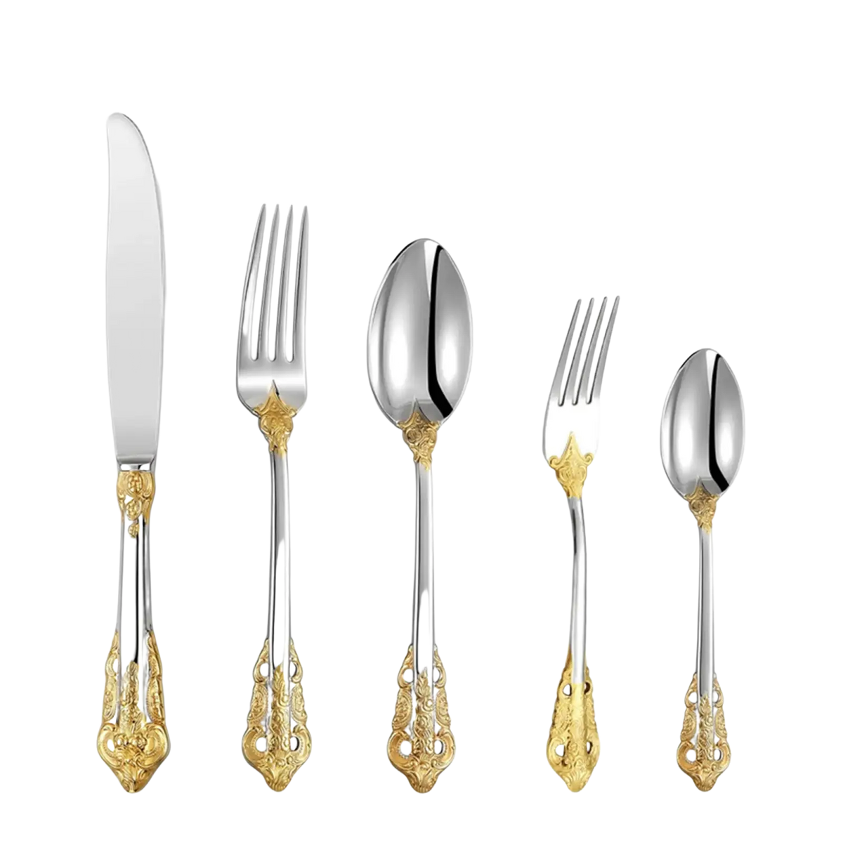 Elegant two-tone ornate stainless steel flatware set with gold-accented handles including knife forks and spoons