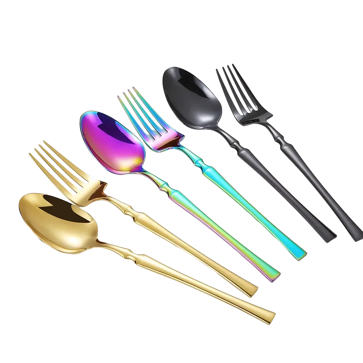 Set of five ornate stainless steel flatware pieces with iridescent blades and gold black and teal handles
