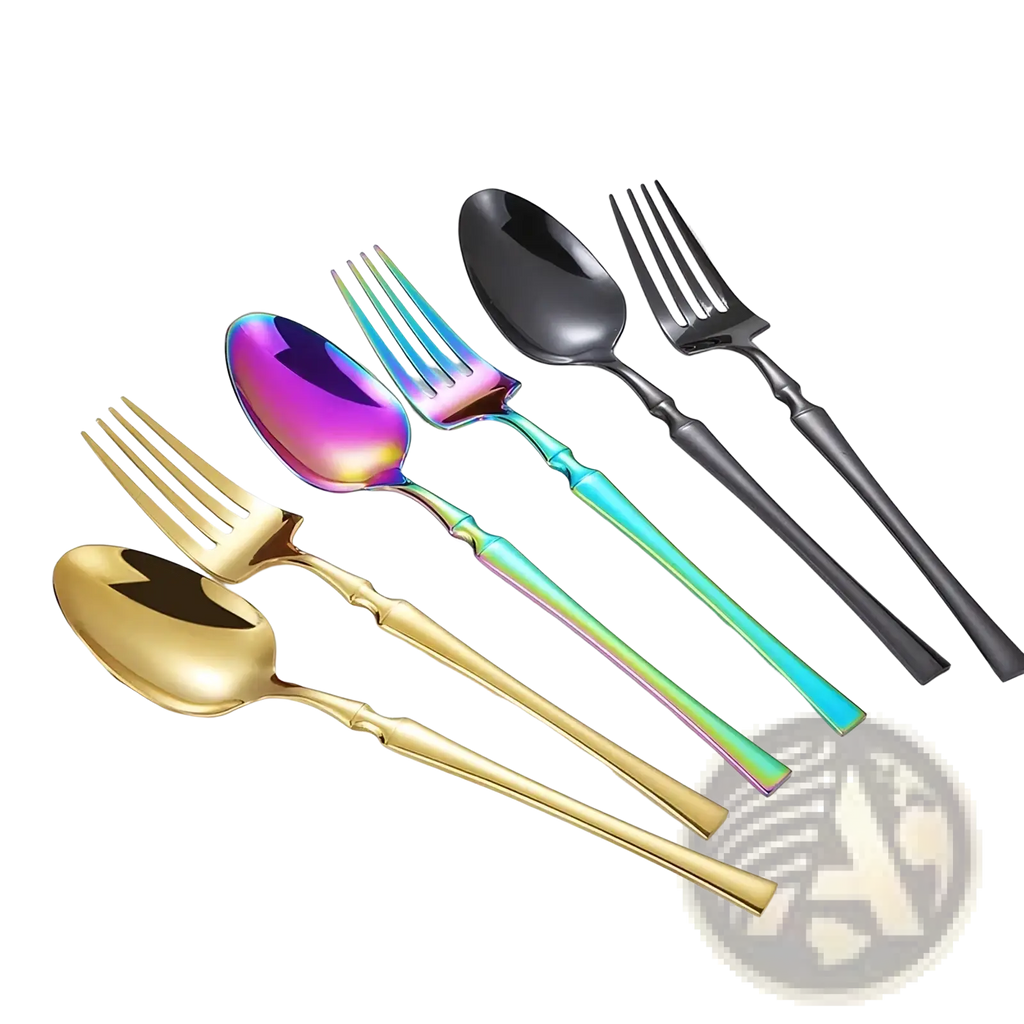 Set of five ornate stainless steel flatware pieces with iridescent blades and gold black and teal handles