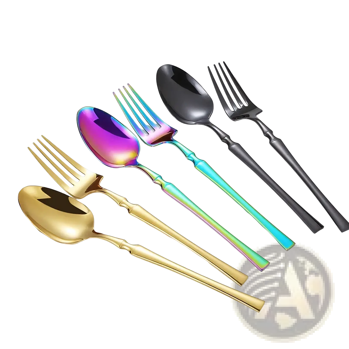 Set of five ornate stainless steel flatware pieces with iridescent blades and gold black and teal handles
