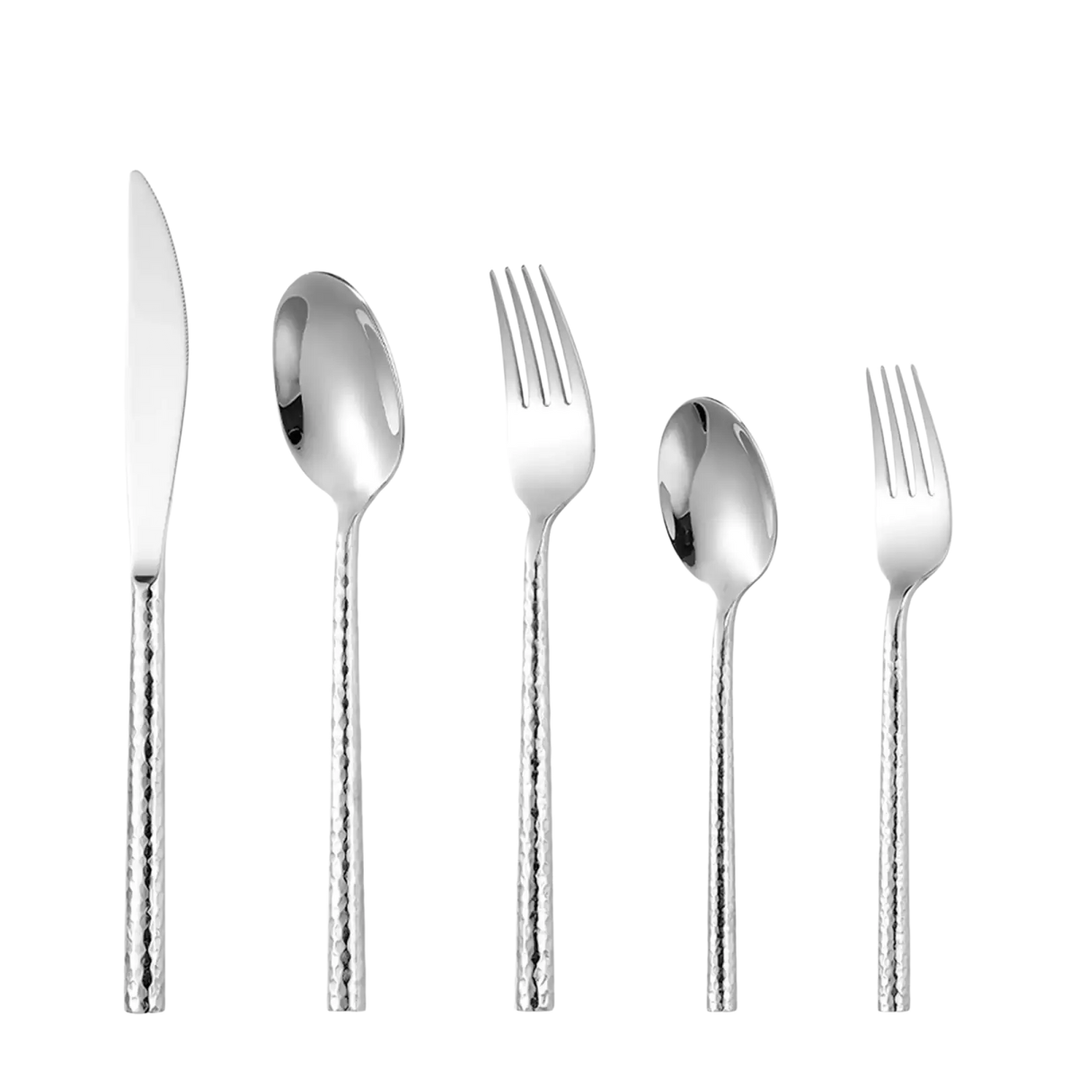 Set of five ornate stainless steel flatware pieces with sleek hammered silver finish and polished metallic blades and handles