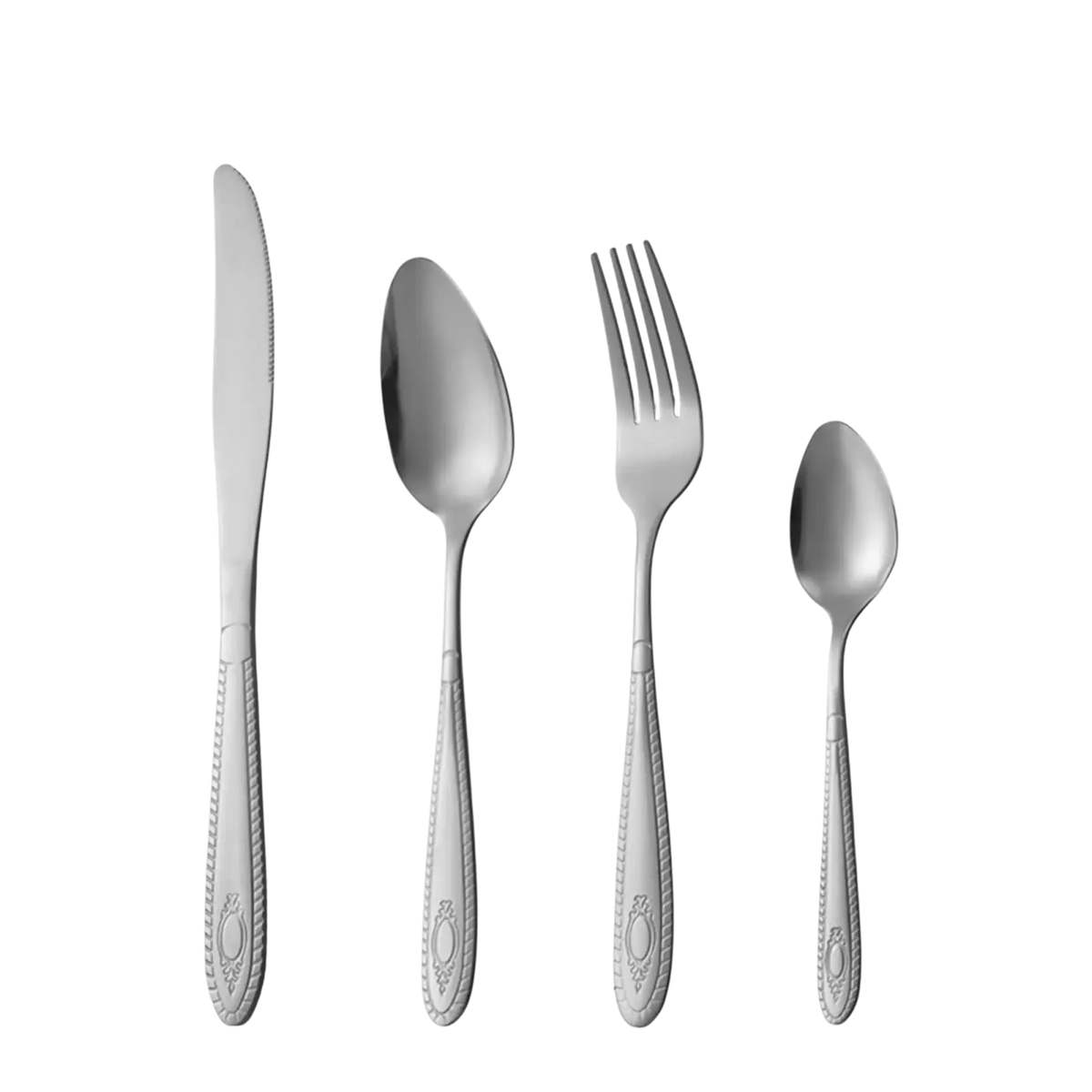 Set of four elegant silver-toned stainless steel flatware pieces with ornate textured handles and classic oval designs