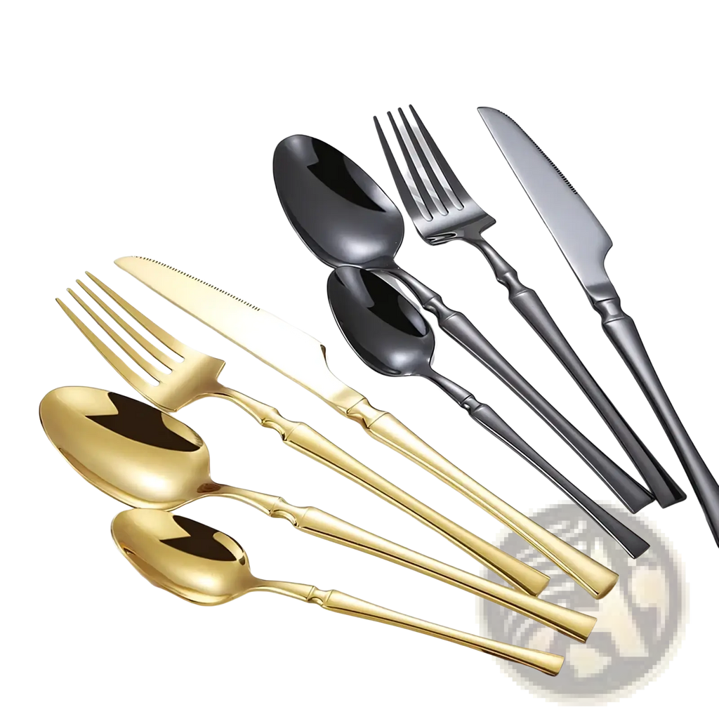 Ornate stainless steel flatware set featuring gold and black two-tone cutlery with ornate handles