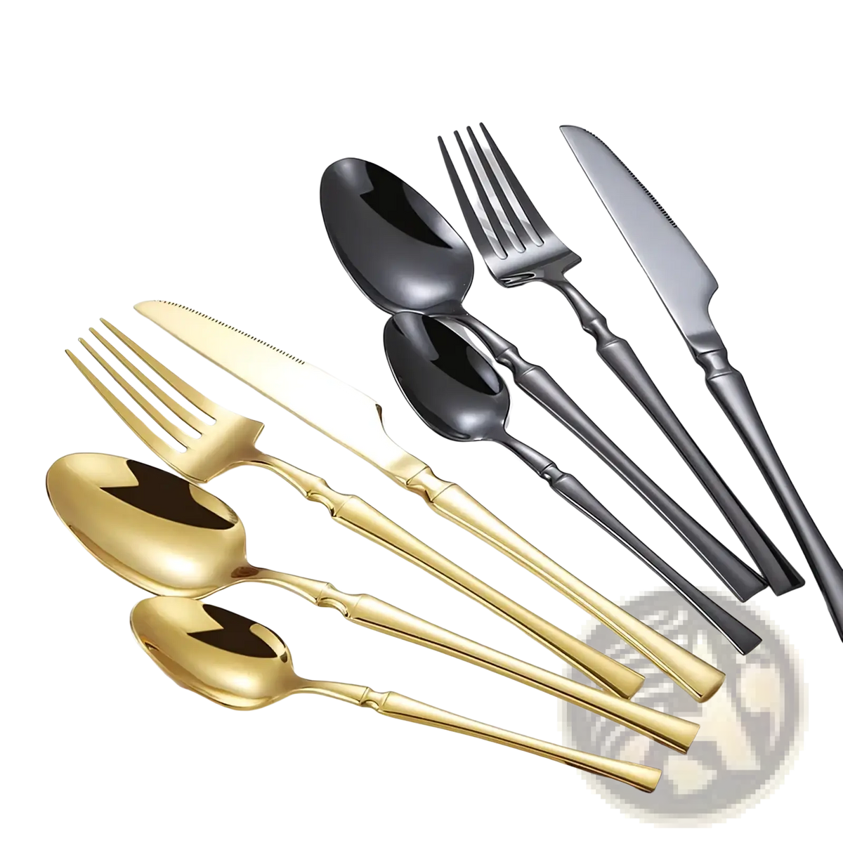 Ornate stainless steel flatware set featuring gold and black two-tone cutlery with ornate handles