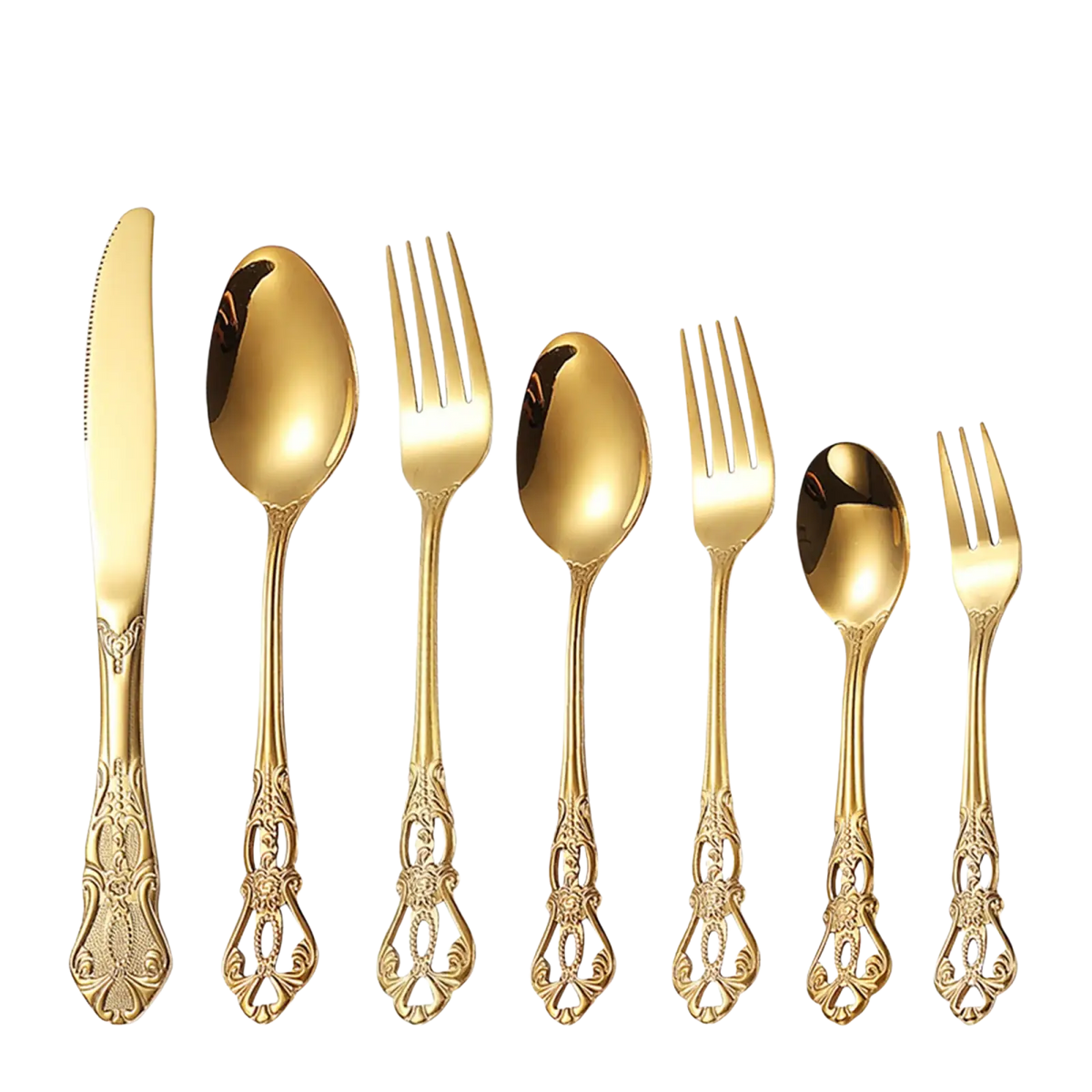 Ornate stainless steel flatware set with gold-colored polished blades and vintage-inspired handles for elegant dining
