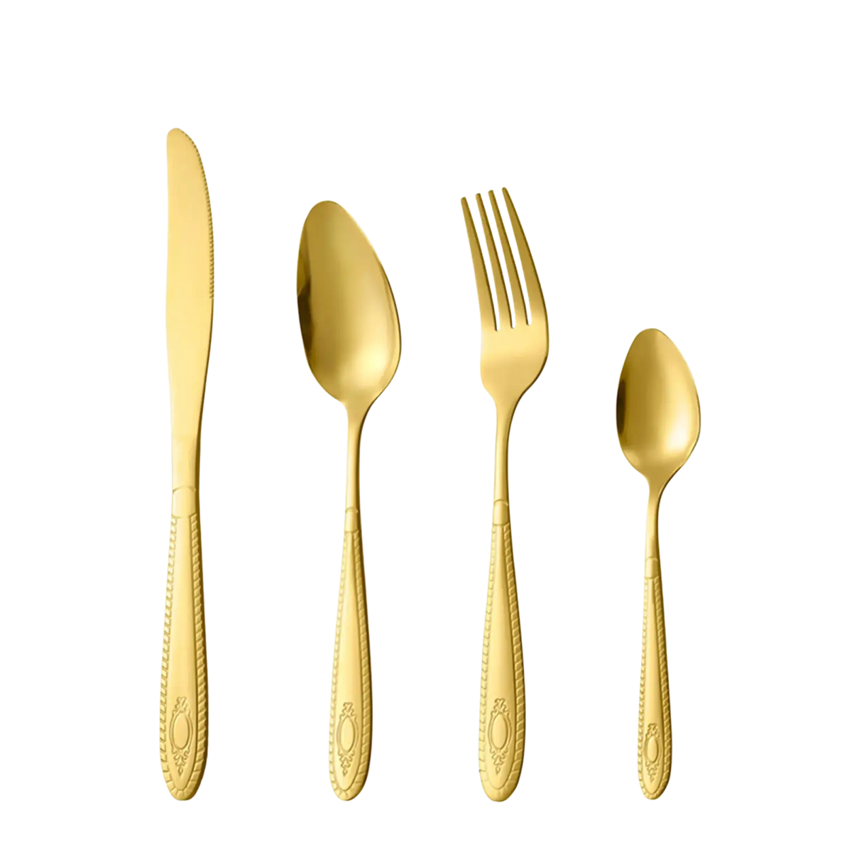 Ornate stainless steel flatware set with gold-finished textured handles featuring elegant oval detailing