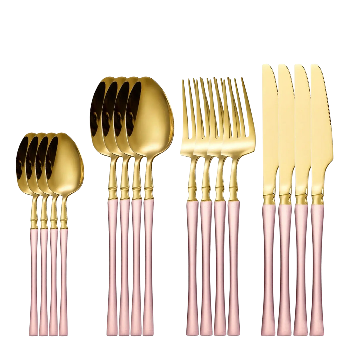 Ornate stainless steel flatware set with gold-finished cutlery and pink matte handles includes 24 pieces