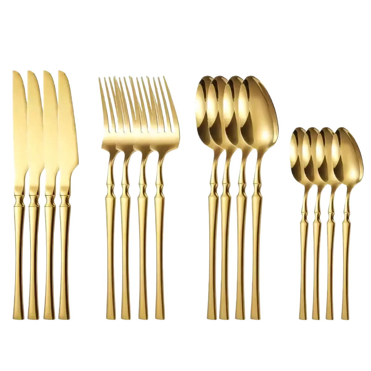 Ornate stainless steel flatware set with gold-finished stainless steel and twisted handles in a modern design