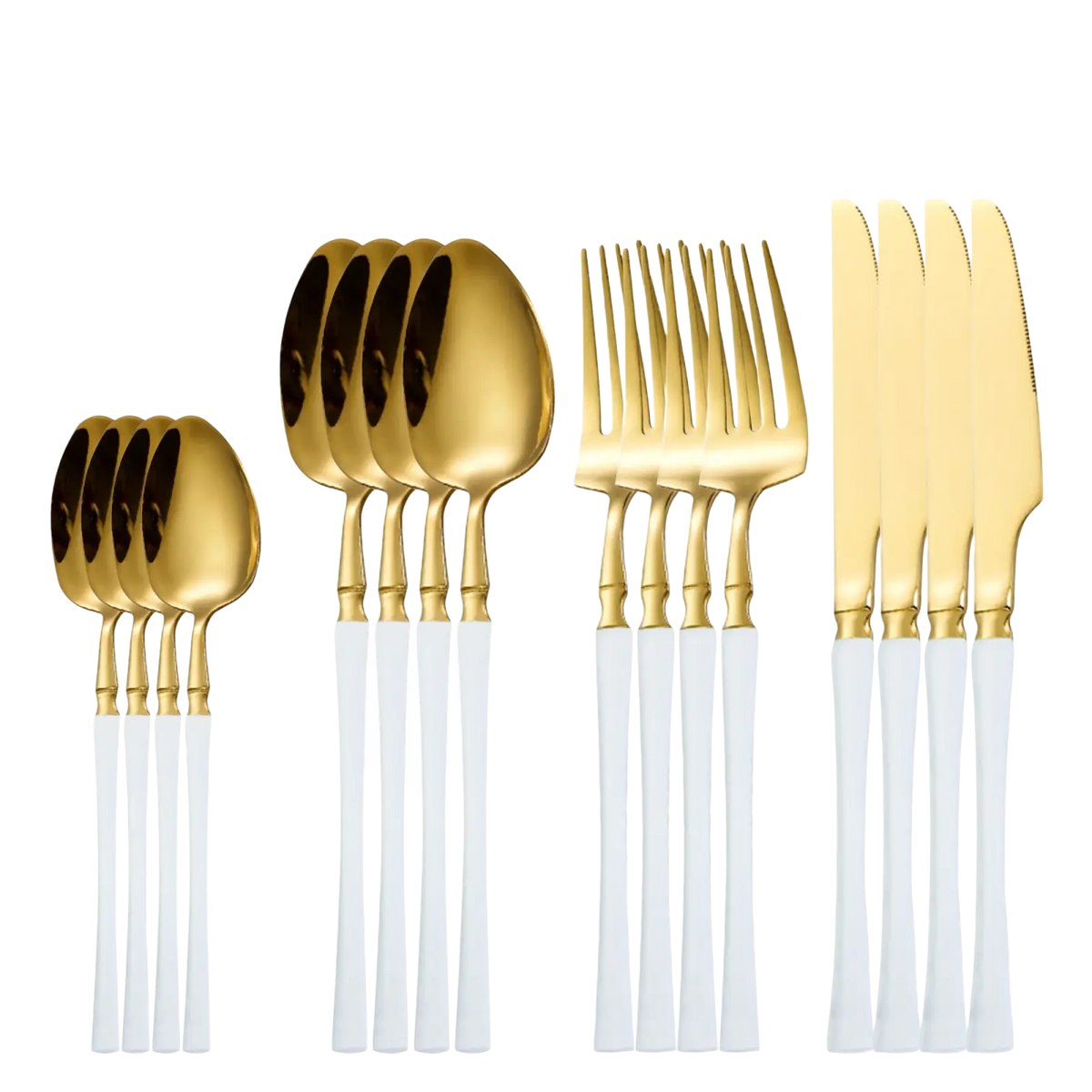 Ornate stainless steel flatware set with gold-finished spoons forks and knives featuring white handles arranged neatly