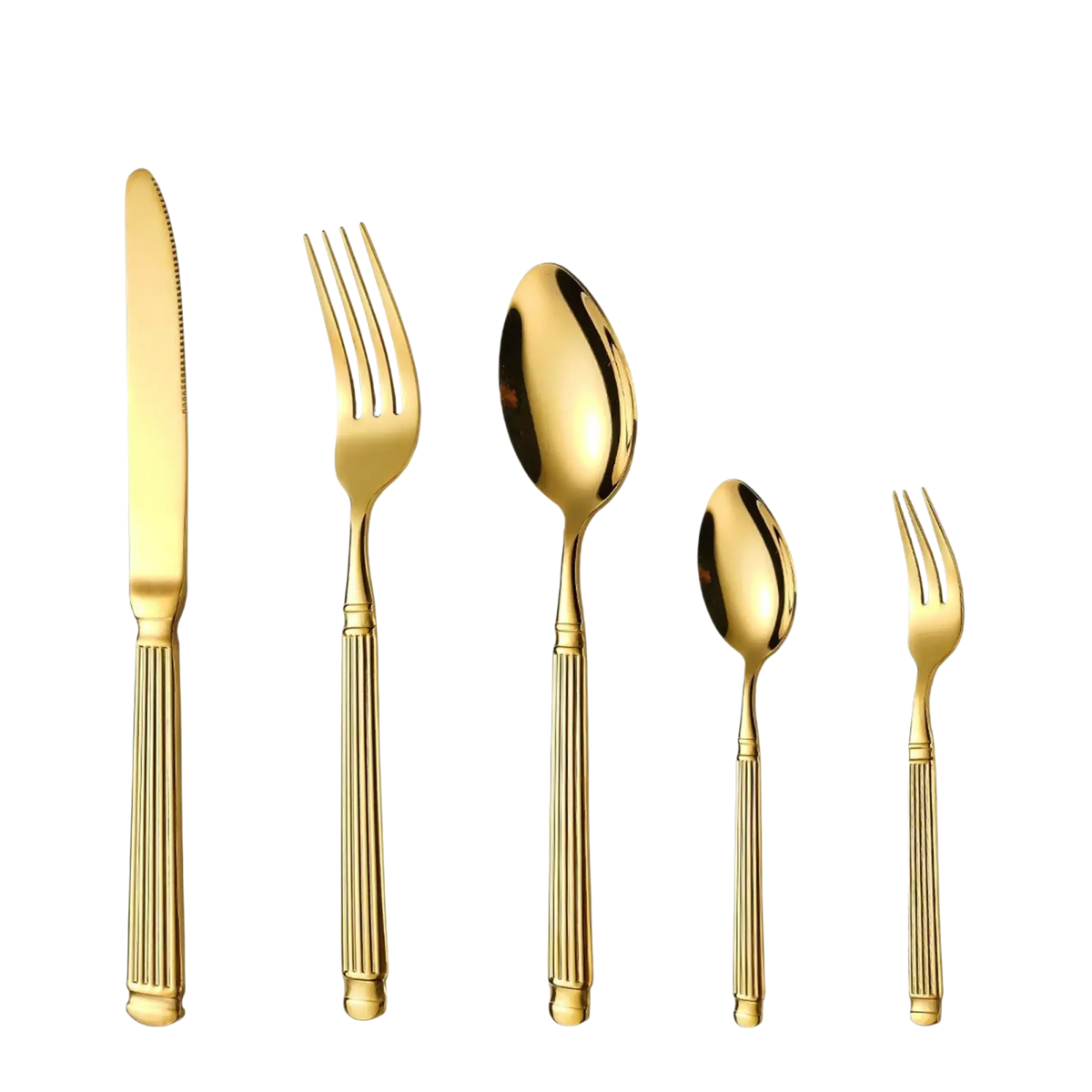 Ornate stainless steel flatware set featuring golden cutlery with fluted handles and polished surfaces