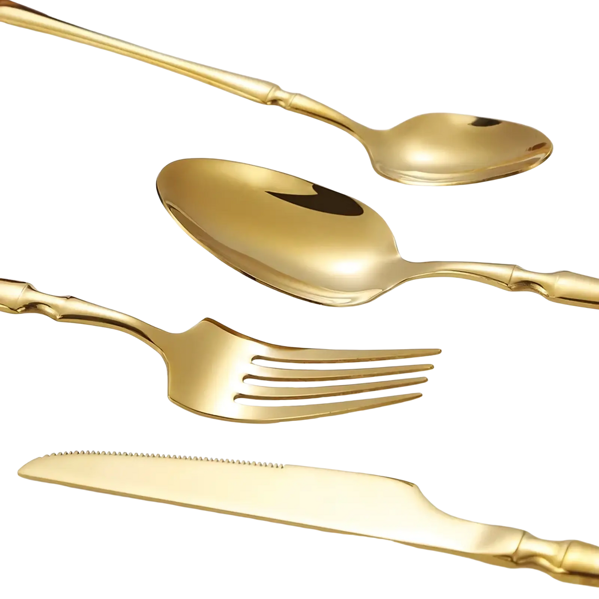 Ornate stainless steel flatware set featuring golden cutlery with twisted handle design for elegant dining