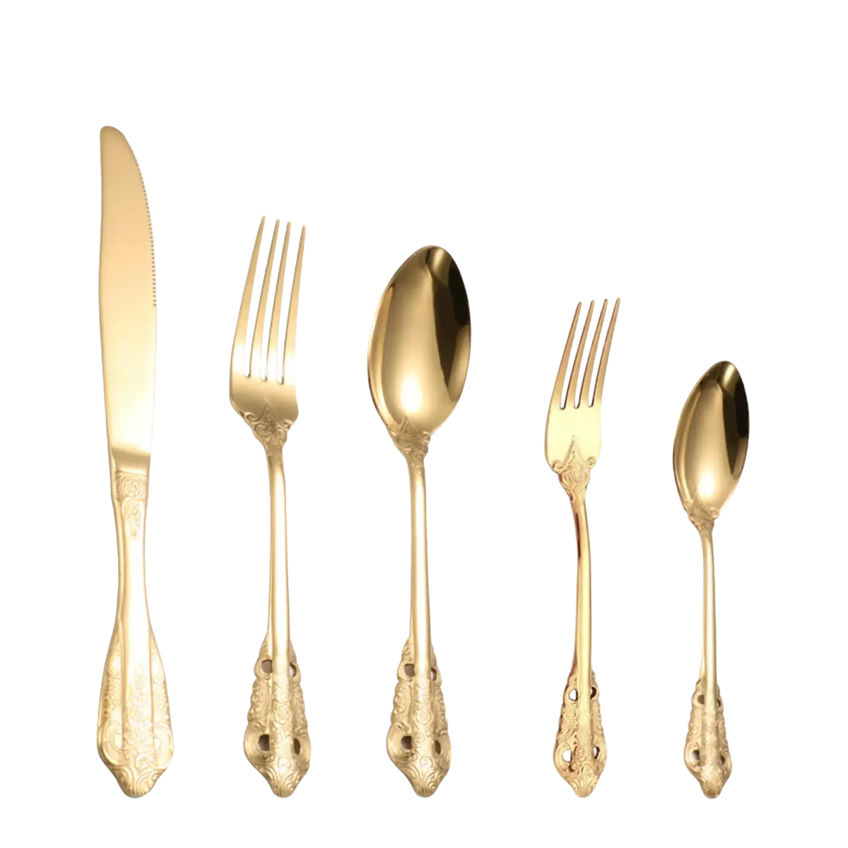 Ornate stainless steel flatware set featuring golden cutlery with intricate floral patterns on the handles