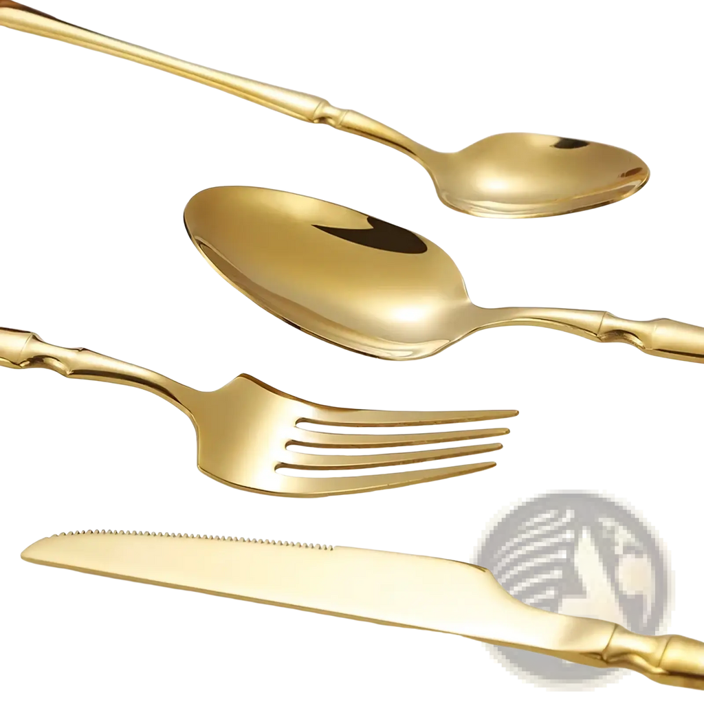 Ornate stainless steel flatware set featuring golden cutlery with twisted handle design for elegant dining