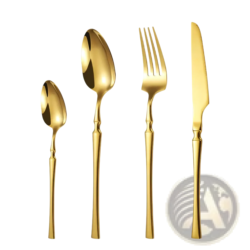 Ornate stainless steel flatware set featuring golden cutlery with sleek modern handles and polished metallic finish
