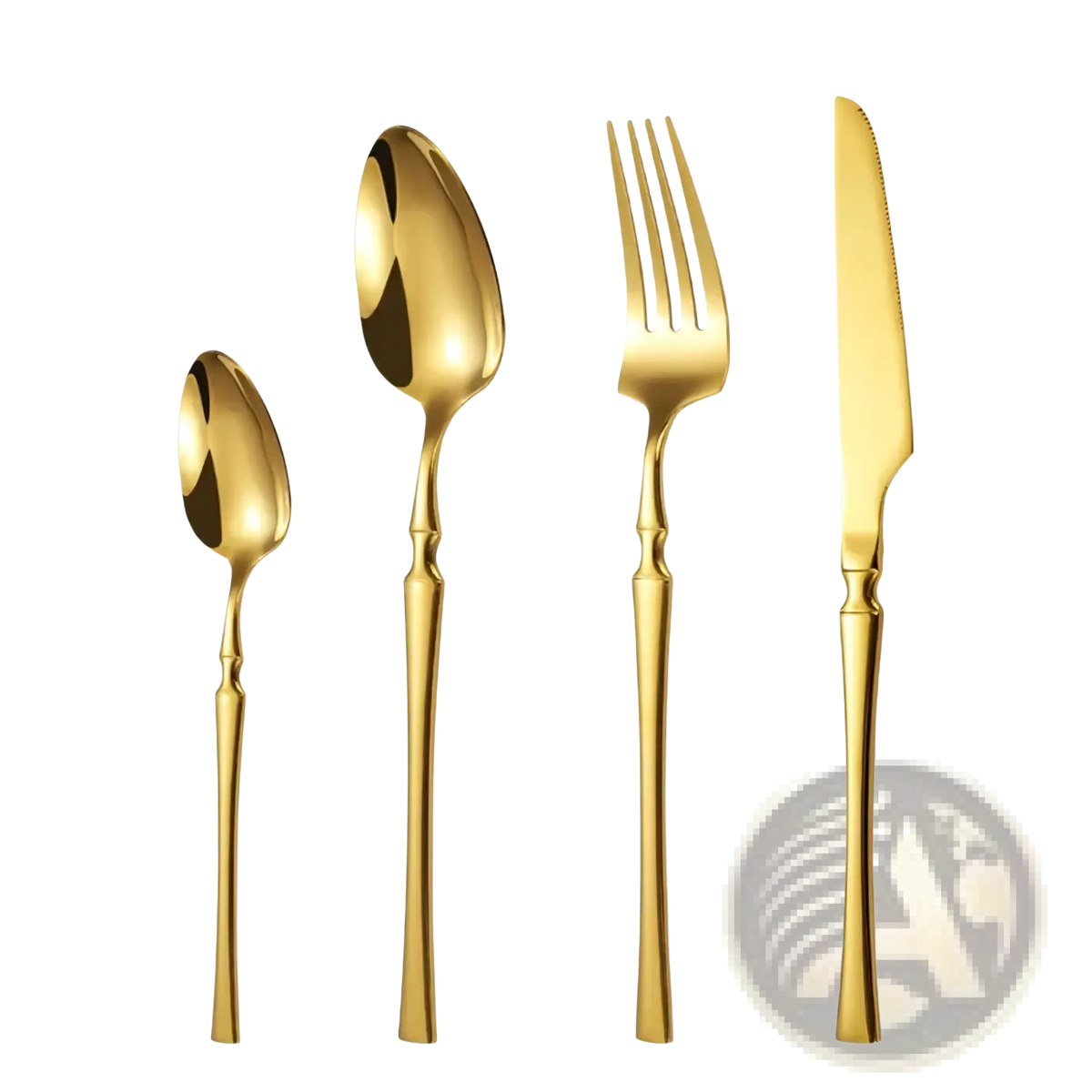 Ornate stainless steel flatware set featuring golden cutlery with sleek modern handles and polished metallic finish