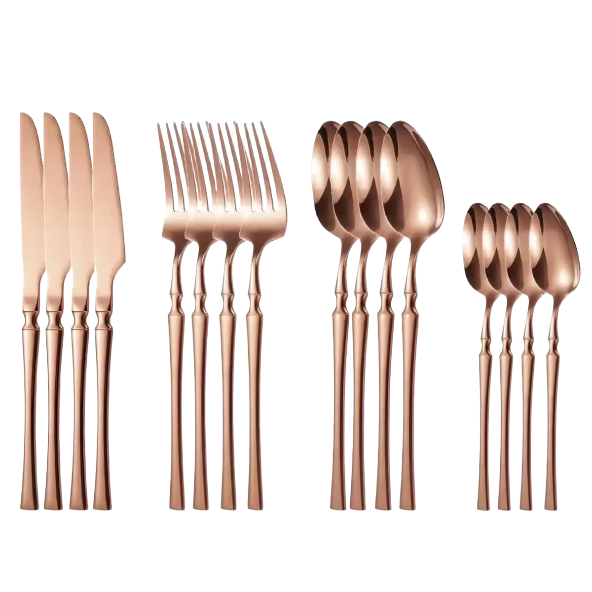 Ornate stainless steel flatware set with rose gold 16-piece cutlery featuring slender handles and polished surfaces