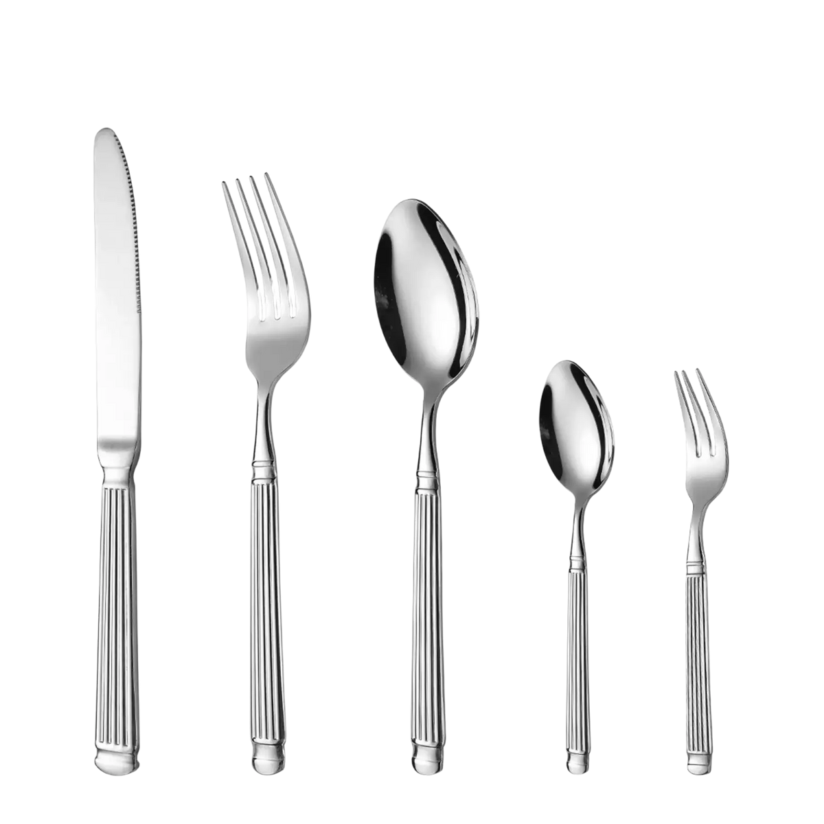 Ornate stainless steel flatware set with shiny stainless steel cutlery and fluted handles in an elegant design