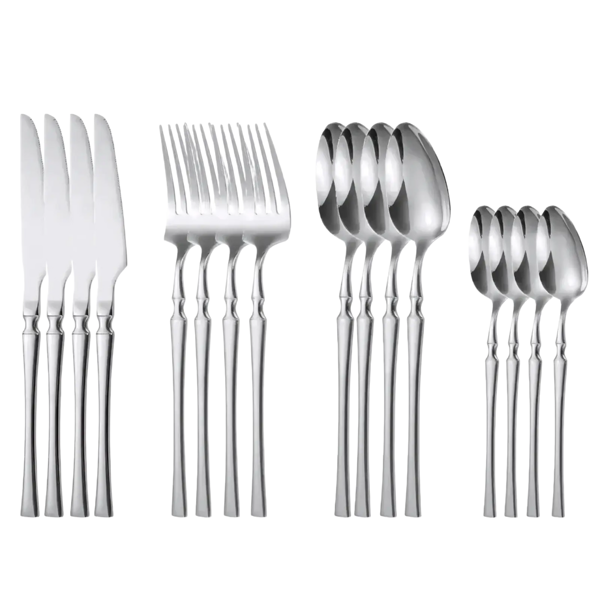 Ornate stainless steel flatware set with shiny polished finish and elegant twisted handles in silver color