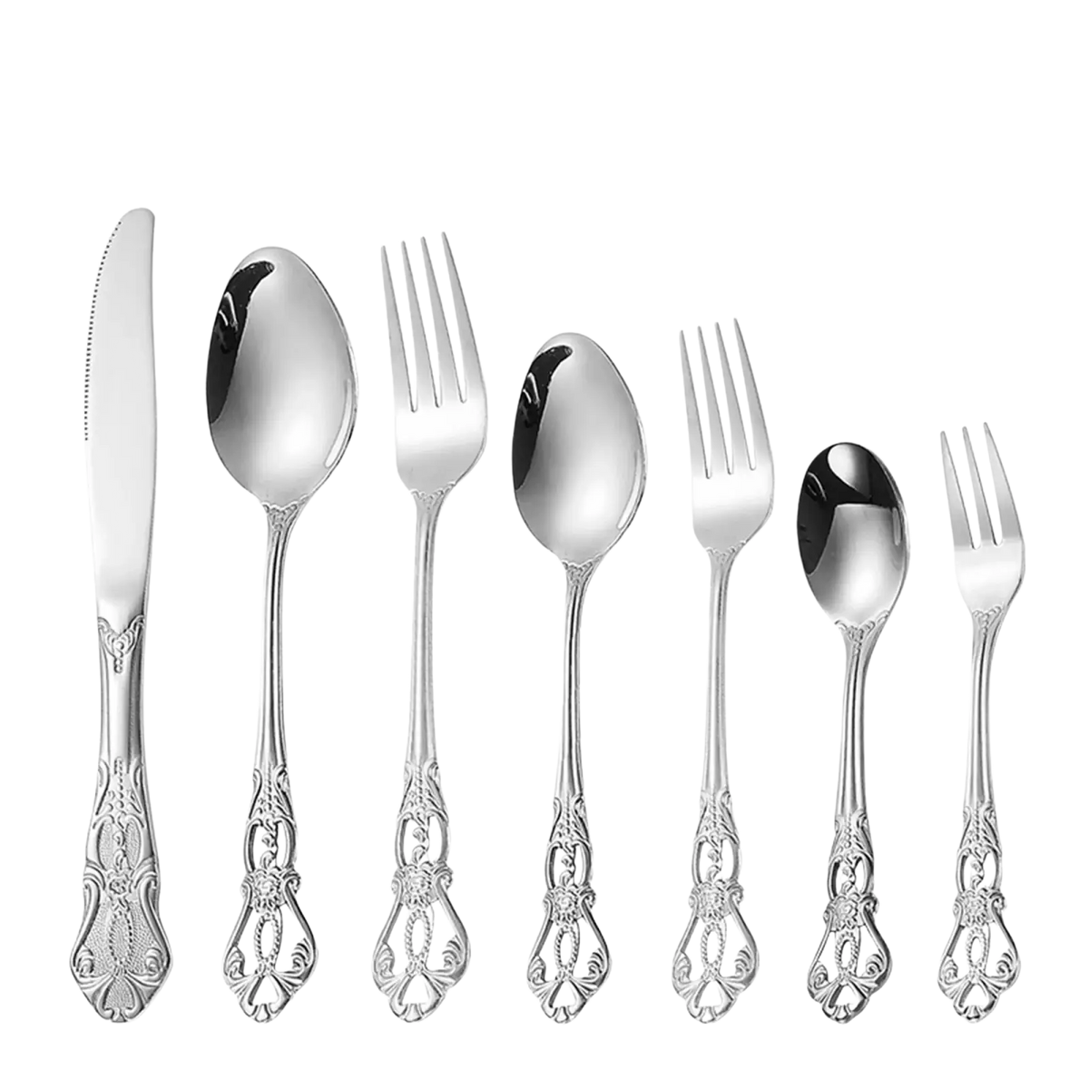 Ornate stainless steel flatware set with silver color and intricate floral and scrollwork patterns on the handles