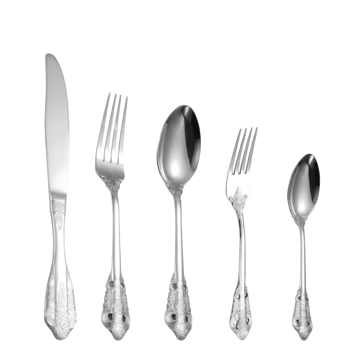Ornate stainless steel flatware set with silver-toned cutlery featuring engraved handles in a classic vintage design