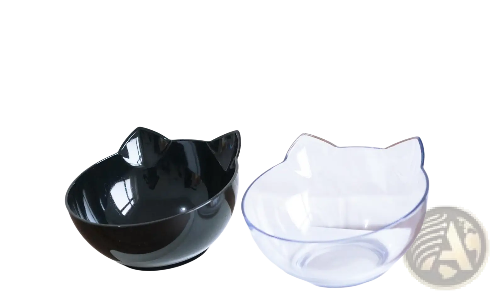 Black glossy orthopedic cat ear pet bowl with upright ears and smooth curved rim for slanted neck protection