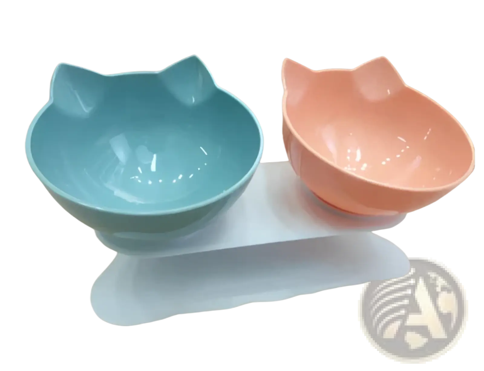 A pair of teal and coral orthopedic cat ear pet bowls made of smooth plastic for slanted neck protection