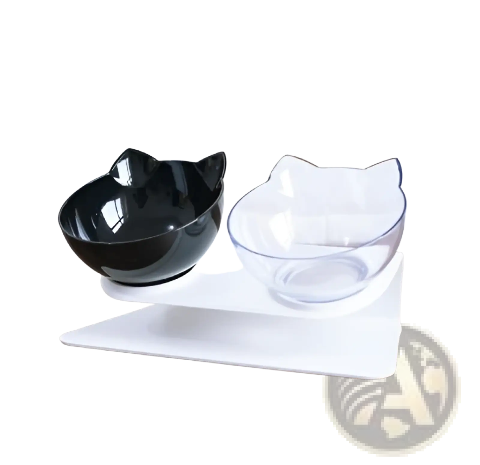 Orthopedic cat ear pet bowls in black and clear on a white stand featuring slanted neck protection design
