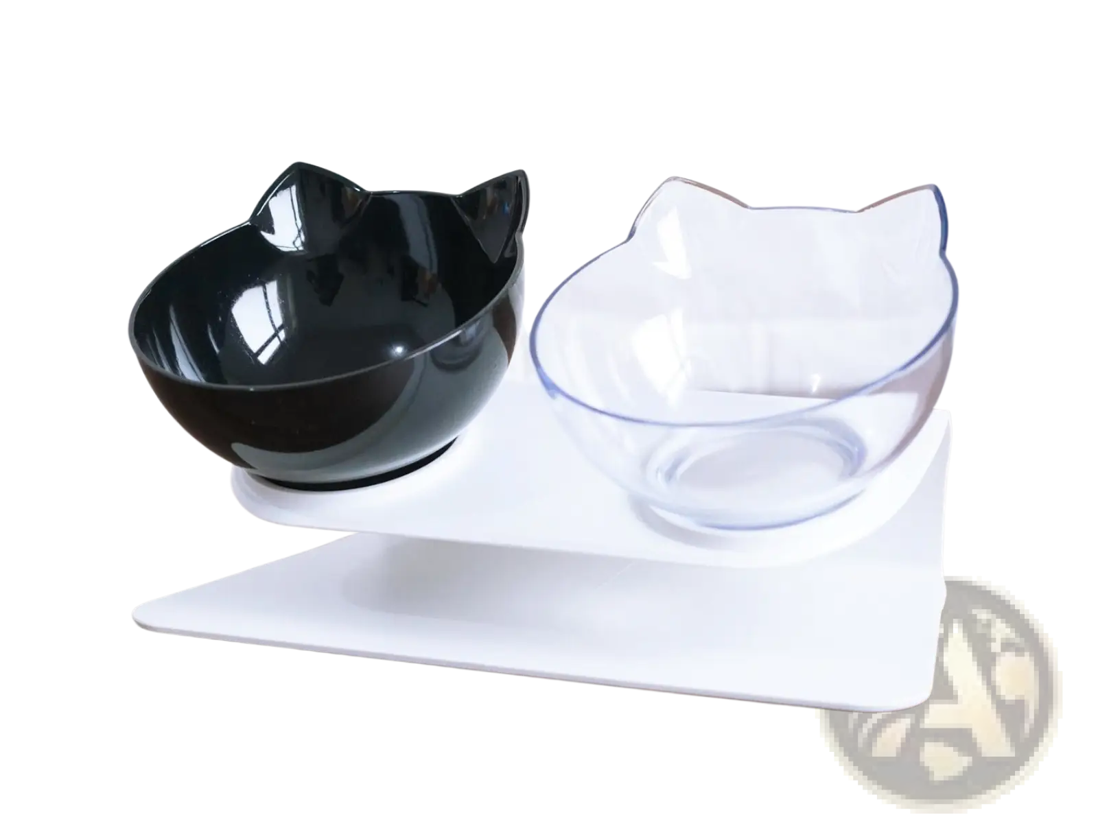 Orthopedic cat ear pet bowls in black and clear with ear details on a white elevated stand for neck protection