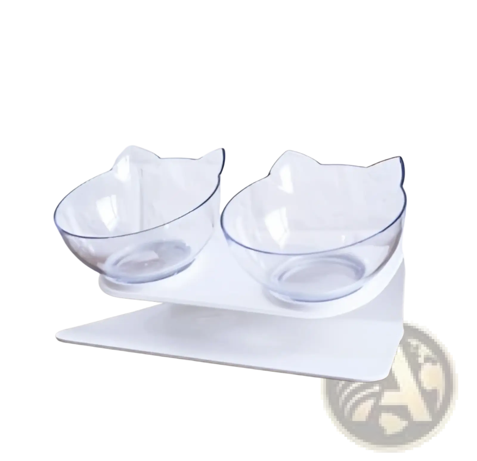 Clear glass cat-shaped orthopedic pet bowls on white stand with slanted neck protection for ear health