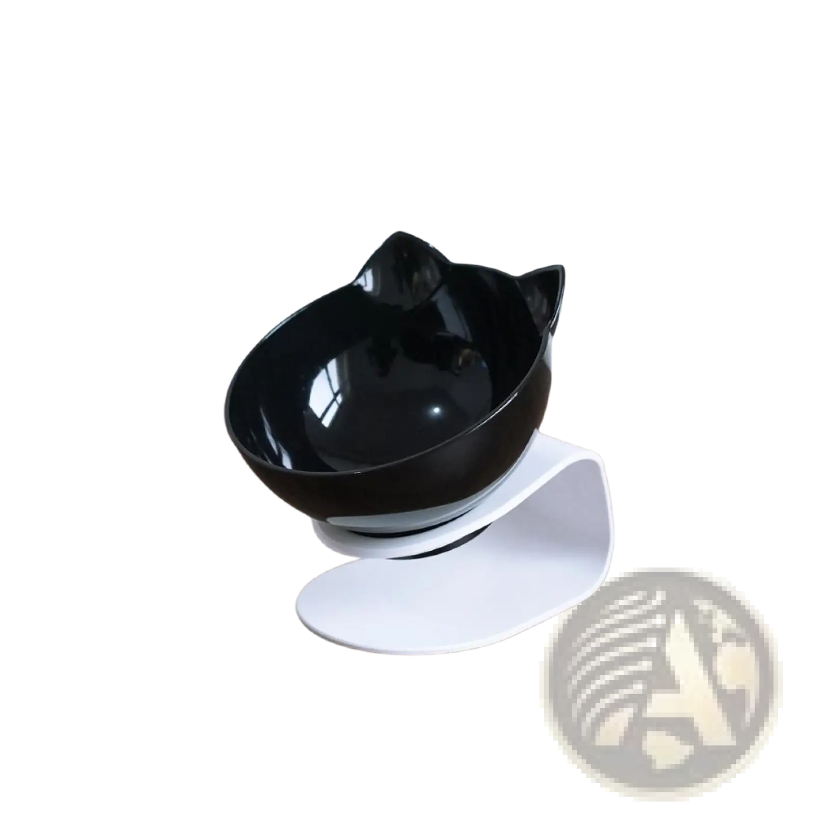 Black cat-shaped orthopedic pet bowl with glossy finish on white adjustable stand for slanted neck protection