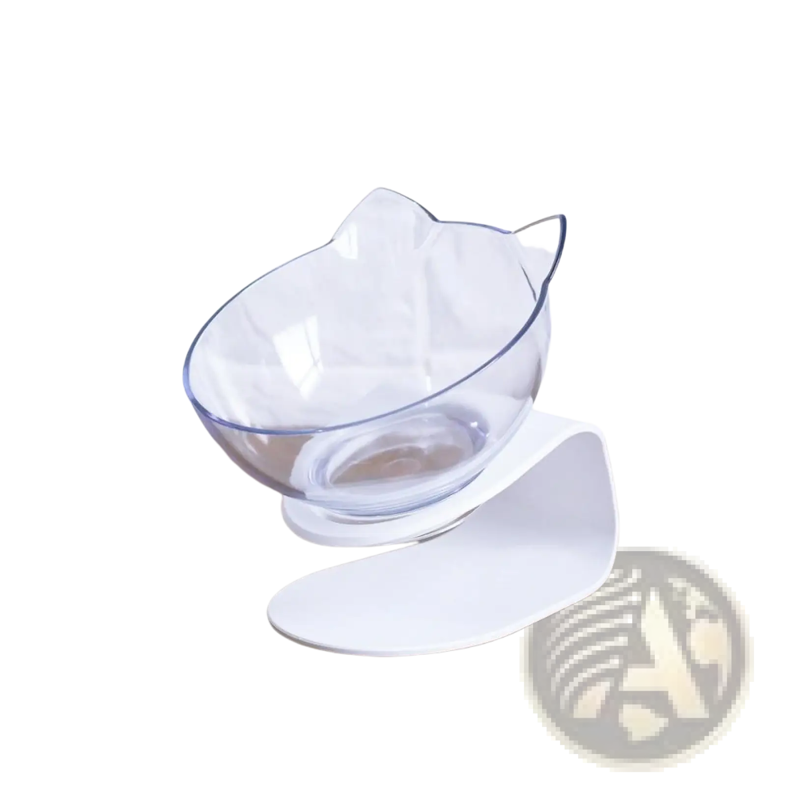 Clear cat-shaped orthopedic pet bowl with slanted white stand for neck protection and comfort