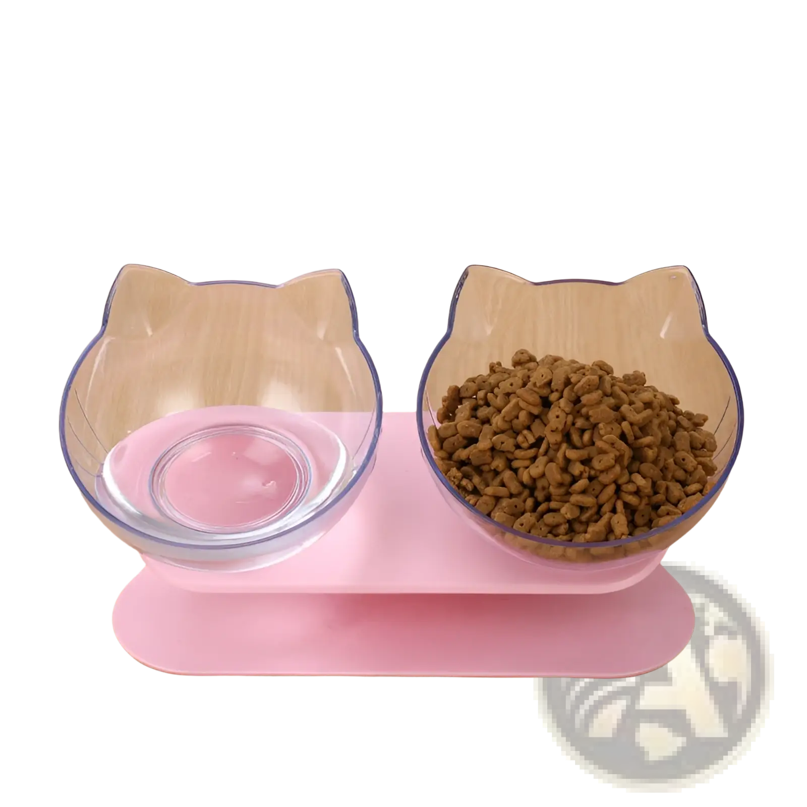 Pink orthopedic cat ear pet feeding station with clear bowls and blue trim for slanted neck protection