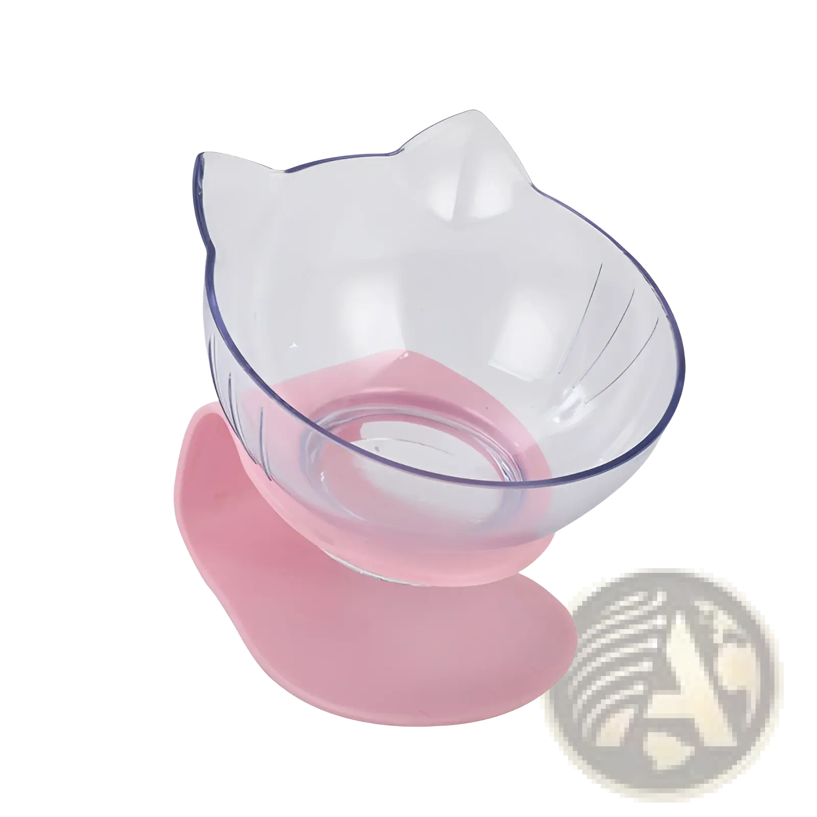 Orthopedic cat ear pet bowl with clear plastic body, pink silicone base, and blue rim for slanted neck protection