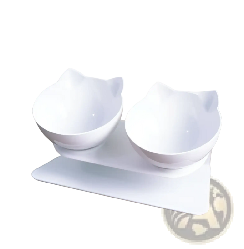 White ceramic orthopedic cat ear pet bowls with slanted neck protection and elevated design for food and water