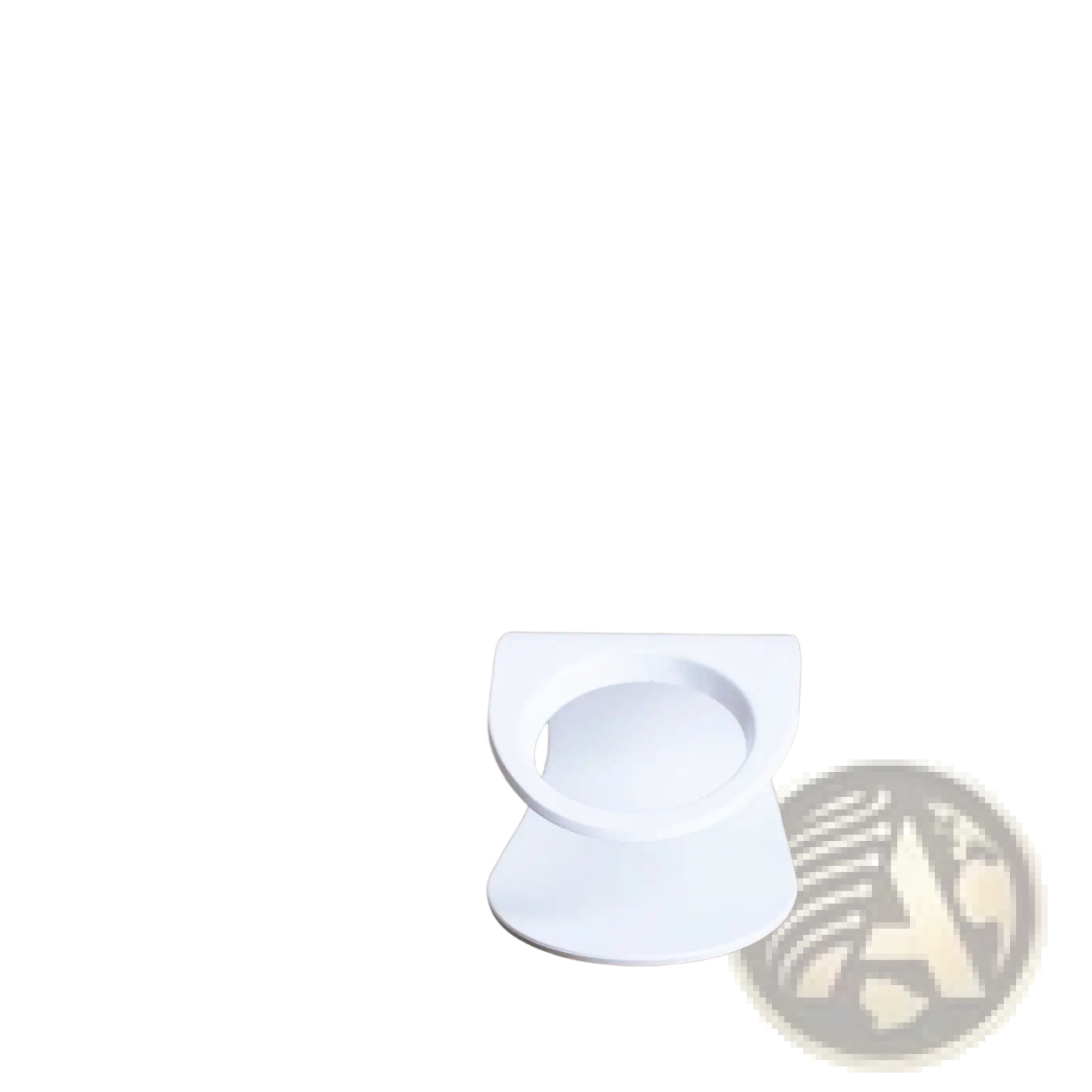 White plastic orthopedic cat ear pet bowl stand with circular feeding area and elevated base for slanted neck protection
