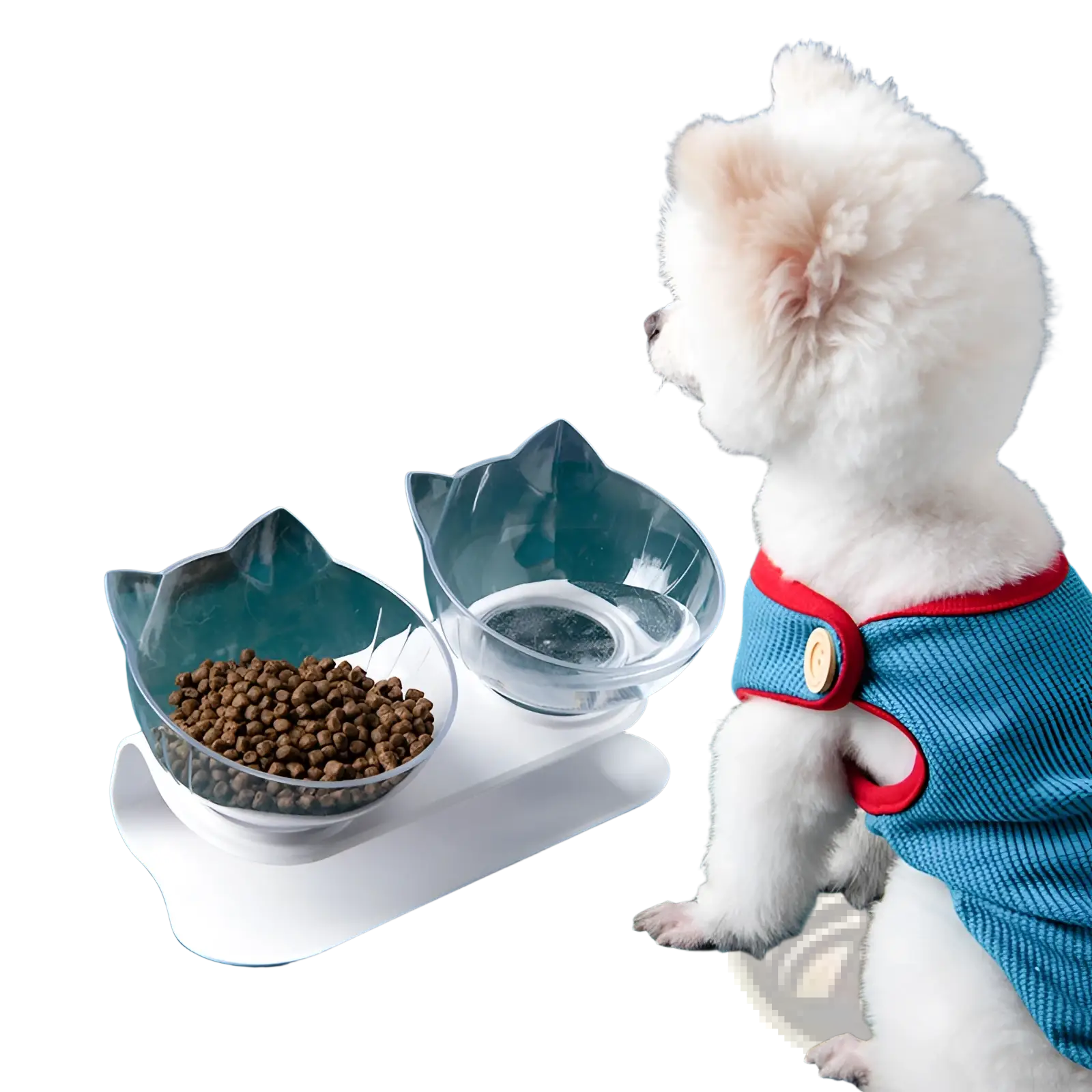 Clear cat-shaped orthopedic pet food and water bowls on a white stand with slanted neck protection design