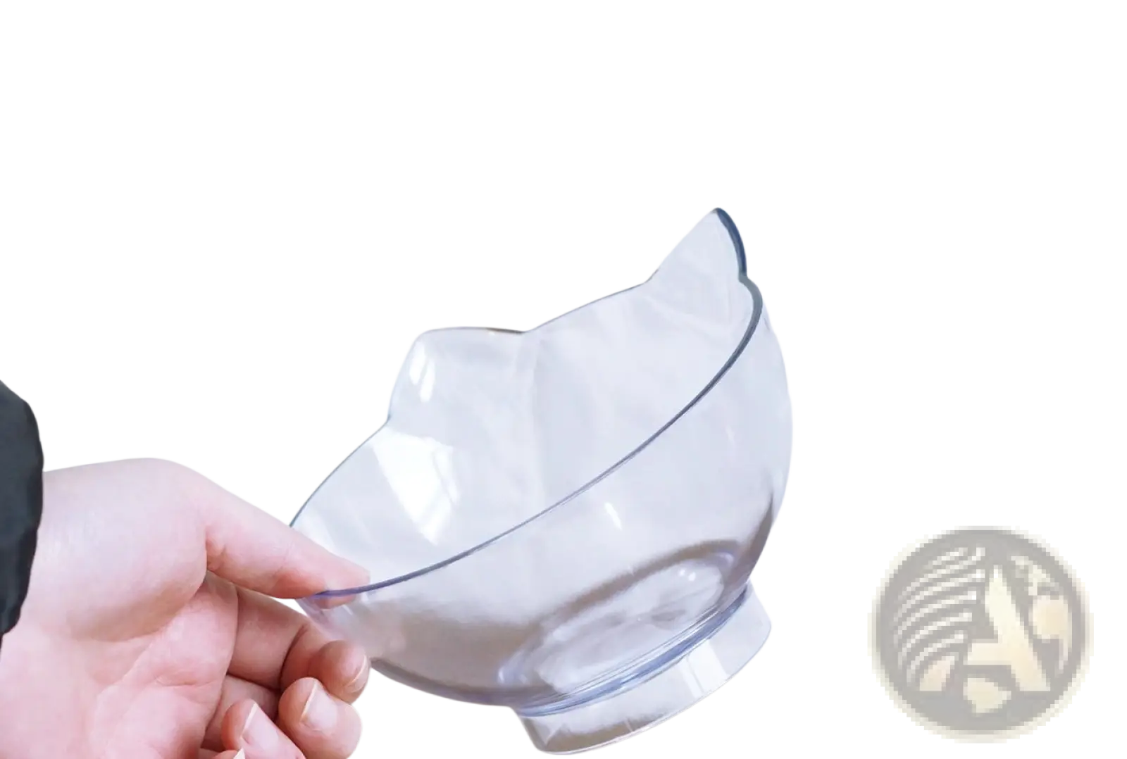 Clear plastic orthopedic pet bowl with cat-shaped rim and base designed for slanted neck protection