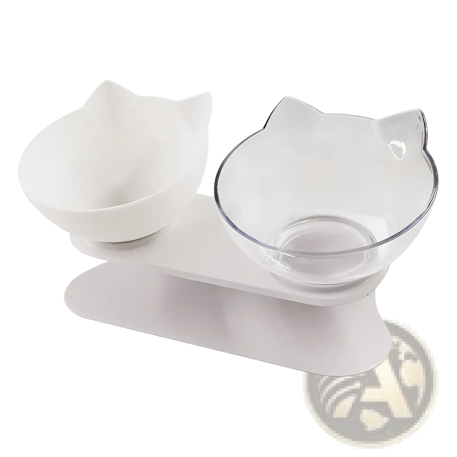 White and clear cat-shaped orthopedic pet bowls on a white elevated stand with slanted neck protection design