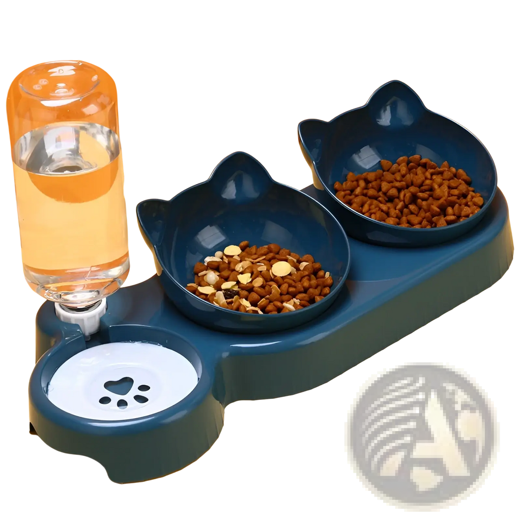 Orthopedic blue cat-shaped pet feeder with two bowls and automatic water bottle attachment for easy feeding
