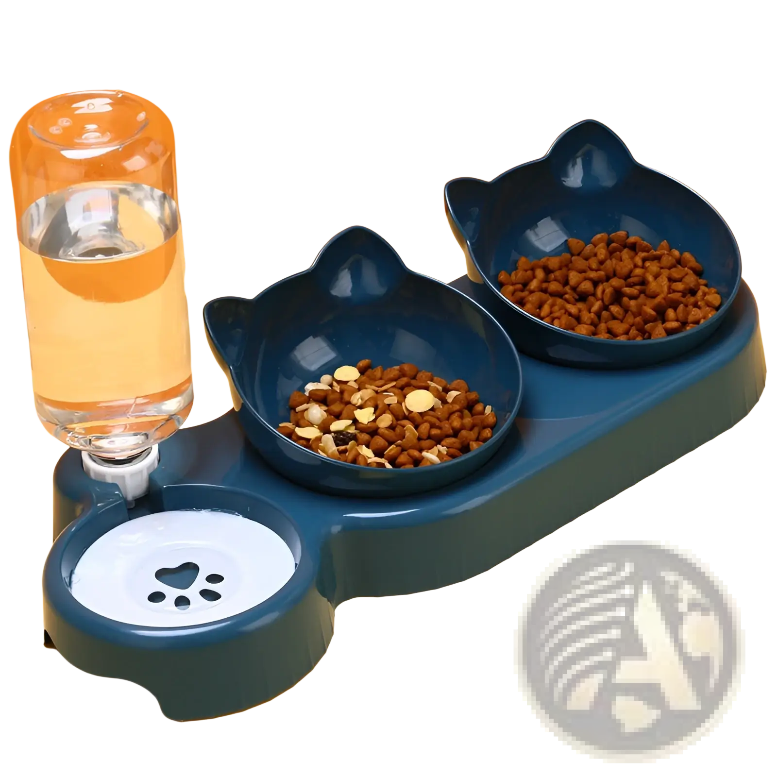 Orthopedic blue cat-shaped pet feeder with two bowls and automatic water bottle attachment for easy feeding