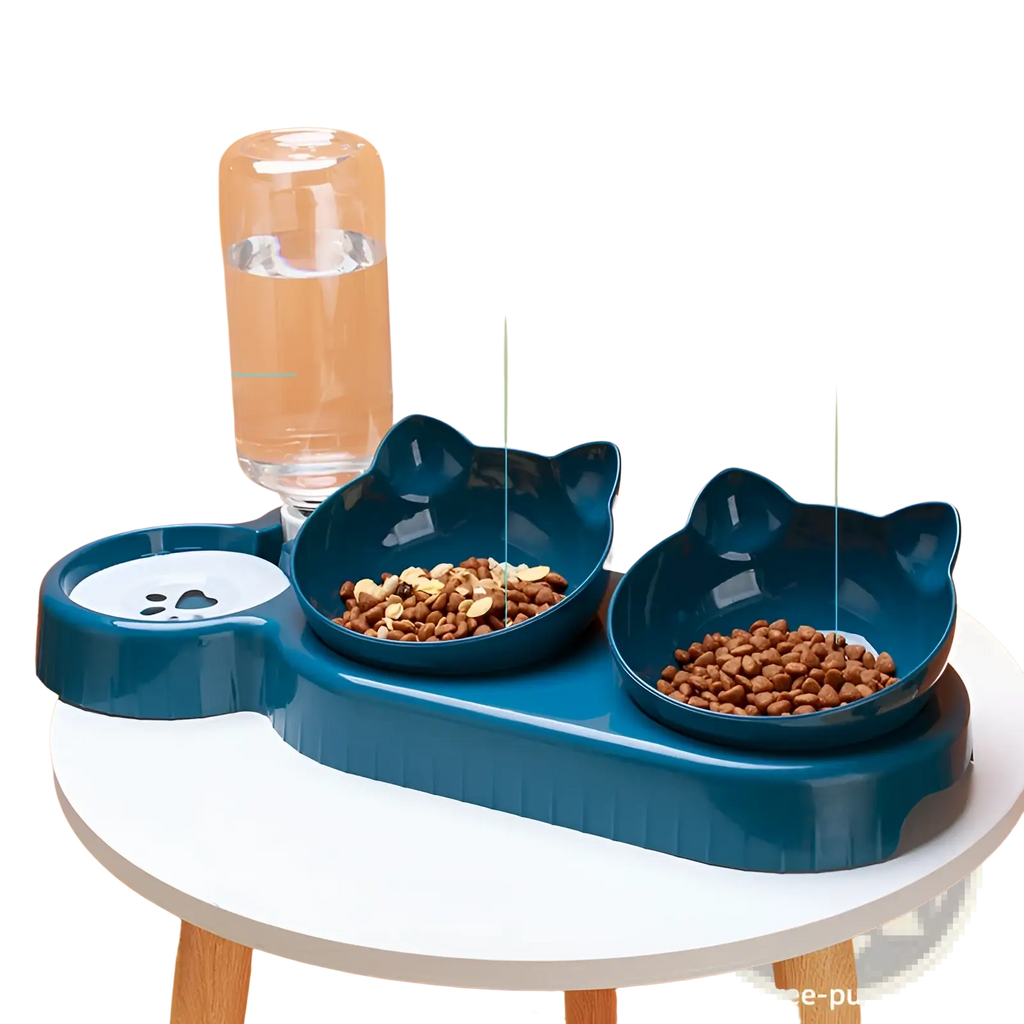 Orthopedic blue cat feeder with automatic waterer featuring separate bowls for water treats and main food